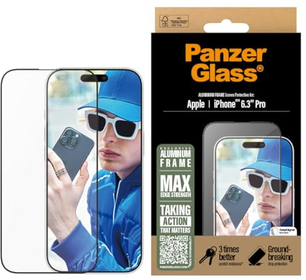 PanzerGlass Displayschutzfolie mit Aluminiumrahmen für Apple iPhone 16 Pro 16 cm (6,3 Zoll) 2024, verstärkte Ecken für maximalen Fallschutz, Kantenabdeckung, kratzfest, einfache Installation,