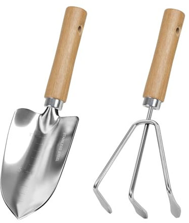 HoHaing Garden Tool Set, 2 Pieces Stainless Steel Heavy Duty Garden Tools, Gardening Kit with Wooden Handle Garden Hand Tools, Durable Garden Tools for Gardening, Gardening Gifts for Women Men