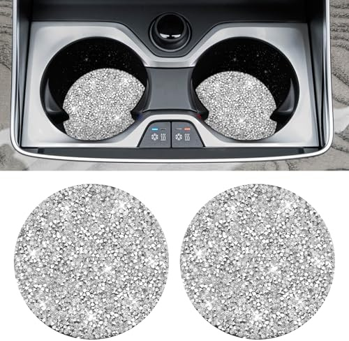 AOZUO Car Cup Coaster, 2pcs Bling Cup Holders Crystal Rhinestone Anti-Slip Shockproof Vehicle Holders Coasters Drink Car Cup Mat Universal Insert Automotive Interior Accessories for Women(Silver)