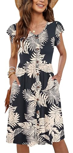 MOLERANI Damsommarkläder volang sidoärm V-hals svängande ledig elastisk midja ficka midiklänning S–2XL, Tjockare blad, XL