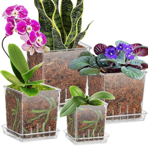 IWTTWY 4 Pack Clear Orchid Pots, 8/10/12/15 CM Acrylic Plant Pots Thickened | Nursery Planter with Drainage Hole and Saucer, Plastic Planter Breathable Orchid Pots for Indoor Outdoor