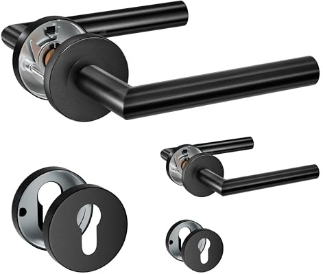 HENYIN Lot de 2 poignées de porte à levier en acier inoxydable avec écusson à trou cylindrique, poignée de serrure de porte à mortaise, couleur noire (SO2-103C-B-2)