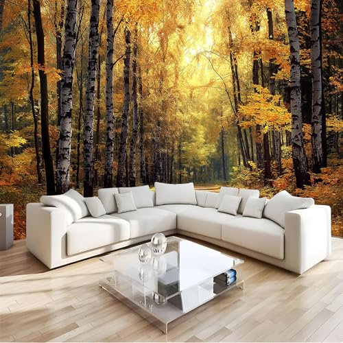 JEDTAKCT 300X210Cm Seidetapete Herbstlicher Birkenwaldtapete Elegance Tapete Im Waldlandschaft Design Tapete Wandtapete Wohnzimmer Schlafzimmer Flur Strukturtapete