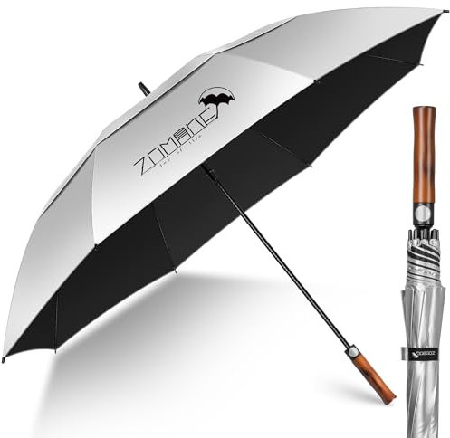ZOMAKE UV Golf Umbrella for Sun Protection,Large Sun Umbrella Windproof and Rainproof Strong UPF 50+,Reflective Golfing Brolly with Wooden Handle 68In Unbreakable for Men Women (Silver/Black)