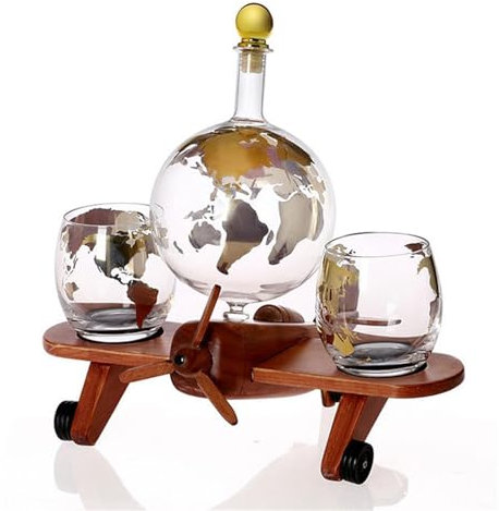 Whiskey Decanter Sets for Men - Decanter and Glasses Set, Whiskey Decanter Set, Whiskey & Wine Decanter Airplane Set, Whiskey Decanter with 2 Whiskey Glasses & Wooden Stand for Liquor & Bourbon