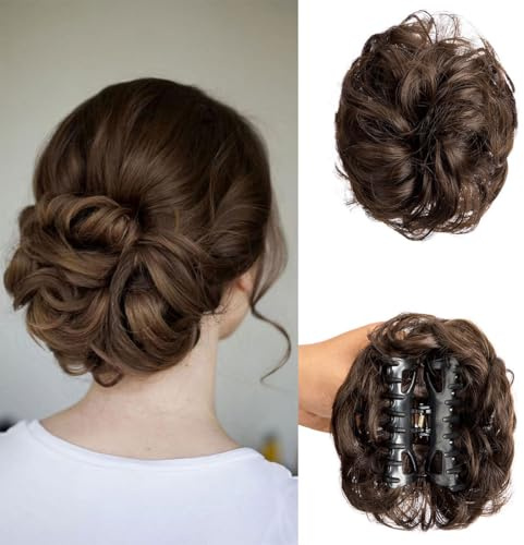 Haarknoten-Haarteil mit Haarklammer, zerzauste Hochsteckfrisur, elastisches Haarband, gelocktes Haar, Dutt, Haargummi für Damen, Mittelbraun