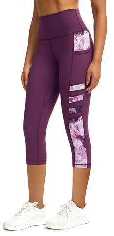 Tuspryt Leggings sportivi da donna con tasche, opachi, a vita alta, da donna, a 3/4, per il fitness, da corsa, Capri Gym, Lilla, M