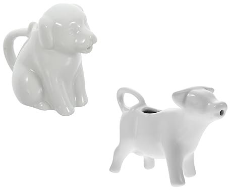 GALPADA Animal Creamer with Handle and Small Milk Pitcher Set, 2pcs White Ceramic Pouring Milk Cups, Hand-Painted Dog and Cow Design, 40ml Each, for Coffee, Tea, and Table Use