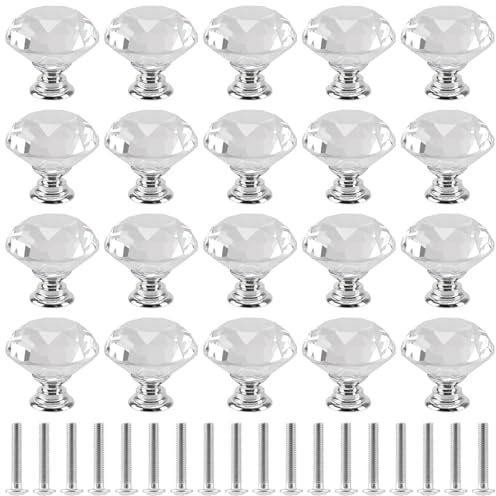 UNGFEI 20 Pack Crystal Diamond Door Knobs, Silver 30mm Small Crystal Drawer Knobs with 20 Screws for Cupboard, Wardrobe, Drawer, Cabinet