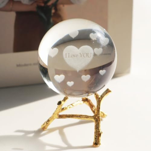 3D-Laser-Herz-Glaskugel mit goldfarbenem Metallständer, Dekoration, Briefbeschwerer, Ornament, Zuhause, Zimmer, Fengshui-Dekoration, Statuen