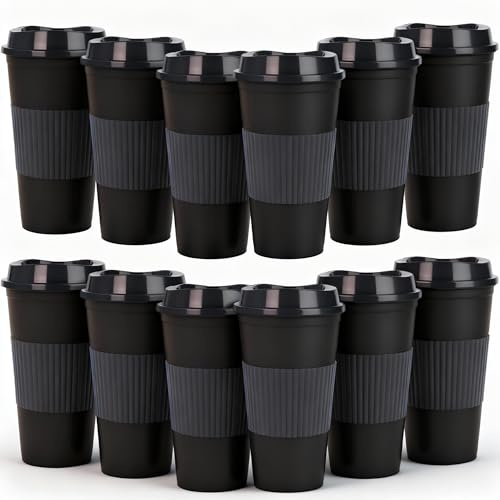 Yisituo 486ml Kaffeebecher mit Decke, 12 Stück Becher Plastik，Kaffeebecher to go, Mehrwegbecher für Auto und unterwegs (12, Schwarz)