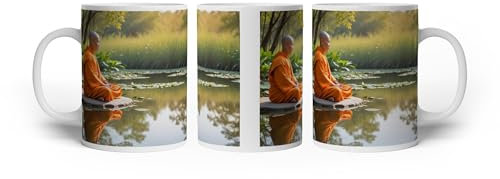 deyoli Motivetasse Mönch meditiert am stillen Teich, Spiegelbild im Wasser von Seerosen. 300ml, aus weißem Keramik/Kaffetasse/Geschenkidee
