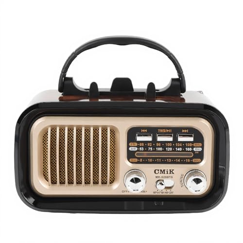 Tragbares Vintage Radio, Retro Bluetooth Lautsprecher, Solar Battery Powered Bleargable, Small Vintage AM FM Shortwave Radio für Outdoor Camping (Black)