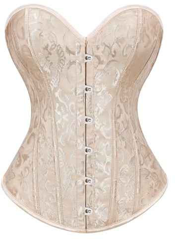 WERFORU Dam helbröst korsett topp korsett damer gotisk vintage corsagen korsett för halloween, Beige, S