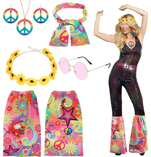 KMFYMPT 6 Stück Hippie Accessoires, Hippie Kostüm Zubehör Set, Inklusive Sonnenblumen-Stirnband, Halskette Ohrringe, Runde Brille, Beinwärmer, Geeignet HippieKostümparty, Halloween, Retro-Mottopartys