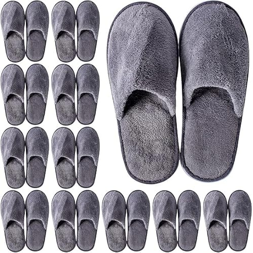 HFZCV 12 Pairs Hotel Slippers for Guests, Soft Coral Fleece Closed Toe Spa Slippers with Non-Slip Sole, Lightweight Indoor House Shoes for Men and Women, Home, Travel, Wedding and Salon, Grey
