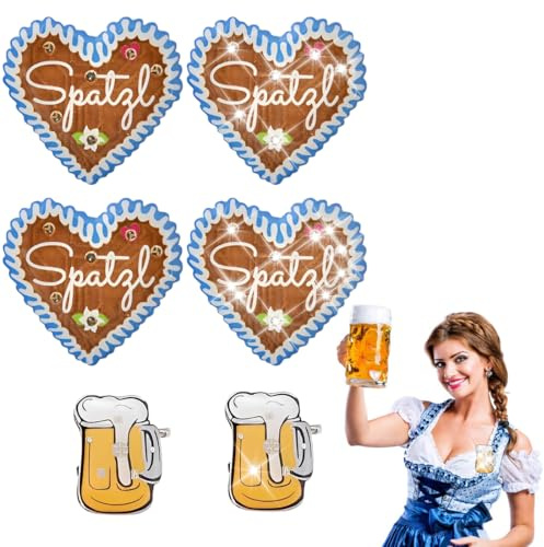 WUSJCOF 6er Set Oktoberfest Accessoires Blinkender Anstecker Lebkuchenherz und Bier Pin für Trachten Dirndl Wiesn Schmuck für Damen Herren