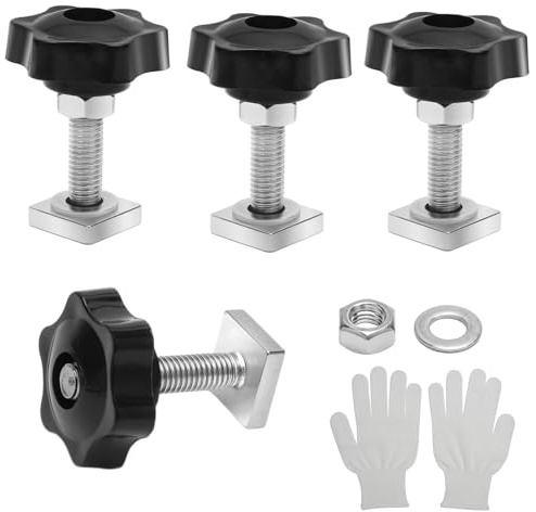 VOSSOT 4 Sets T-Nut Nutensteine M8x40mm mit 1 Paar Handschuhe, Vierkantschrauben Edelstahl inkl Muttern,Unterlegscheiben T-Nut Schrauben Set für Dachbox Befestigung, Relingträger, Fahrrad Dachträger