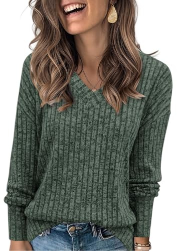 LIAMERHE Camicetta da Donna Autunno Elegante Bluse Scollo a V in Strisce Verticali Manica Lunghe Camicia Moda T-Shirt Ampia Top con Intagli per Primavera Camicia Casual Verde Scuro S