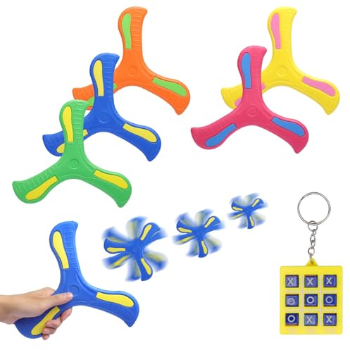 HENGBIRD Boomerang für Kinder 5 Stück + Mini Tic Tac Toe Spiel – Eva Bumerang Set in 5 Farben, Outdoor Spielzeug & Wurfspielzeug – Frisbee Kinder Soft, Garten & Strand Spielzeug ab 6 7 8 Jahre