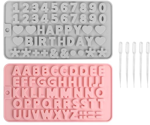 2 Stück Silikonform Buchstaben，A-Z & 0-9 Silikonformen Backen Geeignet für DIY, Herstellung von Keksen, Pralinen, Fudge, Kerzen, Verwendet, um Geburtstagsfeiern Dekorieren (Grau + Rosa)