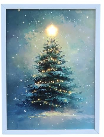 YöL Christmas LED Wall Art Tree 30x40cm Light Up Canvas Picture with Illuminated Star and Festive Lights Battery Operated Hanging Decoration for Home Holiday Winter Décor