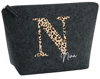 Personalisierte Kosmetiktasche Leo - Initial und Name - Individuelle Filz Schminktasche - für Frauen, Freundinnen, Kolleginnen - Leopard Tasche (Dunkelgrau, S)