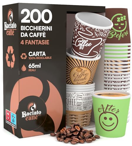 200 Bicchierini in Carta per Caffè 65ml Usa e Getta 4 Fantasie Colorate - Bicchieri Monouso Biodegradabili Ecologici Piccoli - Calore Fino a 95°C per Ristoranti Ufficio Asporto Bar - Fantasia Mix A