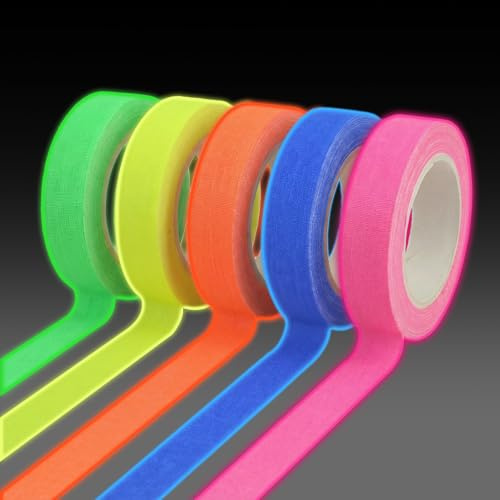 NVGVUP 5 Rollen Fluoreszierendes Klebeband 15mm x 5m, Selbstklebend Neon | Leuchtband als Warnband für Treppen, Wände, Bühnenbedarf und Partydeko, Sichtbar bei Schwarzlicht