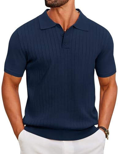 COOFANDY Polo Hombre Manga Corta de Punto Camiseta Polo Verano Casual Regular Fit Golf Shirt Azul Marino L