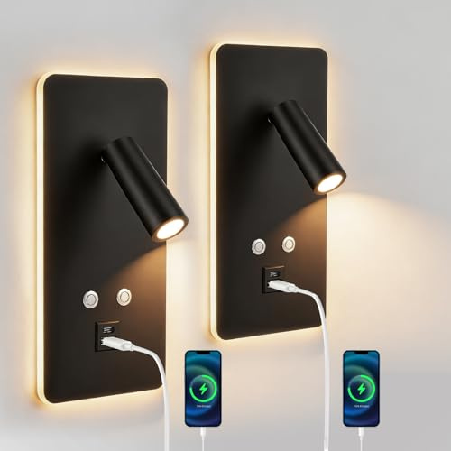 2Pcs LED Bedside Wall Light, Bedside Reading Light with Switch and USB Charging Port, Stepless Dimming LED Wall Mounted Reading Lights,3W+9W Adjustable Spotlight for Bedroom, Hallway, Stairs, Hotel