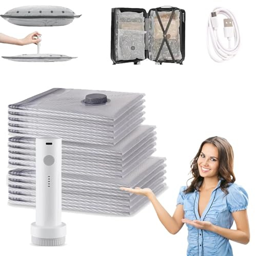 Vakuumbeutel Reise Set 15er Pack 3 Größen mit Elektrischer USB Pumpe Wiederaufladbar for Platzsparend(Pump*1+9Pcs (3S+3M+3L+Pump*1))