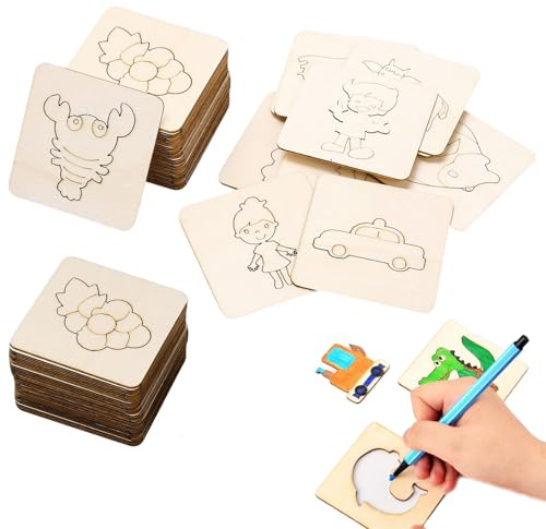 FAINCA 60 Piezas Plantillas para Pintar de Madera Stencil Plantillas Scrapbooking Pintura Decorativa Stencil Plantilla de Dibujo para Dibujos Paredes Muebles Niños DIY Hogar (7,5 x 7,5 cm)