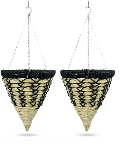Growers Own Goodwood 14 Inch Cone Hanging Planter Basket. Decorative Outdoor Hanging Plant Pot for Trailing Plants. Durable Natural Water Grass & Corn Rope. Strong Metal Chain Included (Twin Pack)