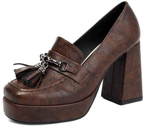 Eestfy Pumps De Plataforma Retro Borla Tacón Grueso Punta Cuadrada Slip On Court Zapatos Mocasines Vintage para Estilo Callejero Y Atuendo Diario,Marrón,40 EU