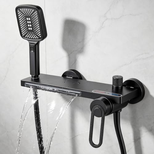Robinet Baignoire, Robinet Cascade avec Douchette | Robinet Mélangeur Noir pour Eau Chaude et Froide, pour baignoire, salle de bain