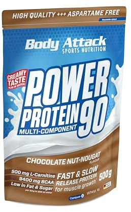 Body Attack Power Protein 90, Turrón de Chocolate y Nueces, 500g, 5 K de proteína en polvo con proteína de suero, L-carnitina y BCAA para el desarollo de los músculos y el fitness