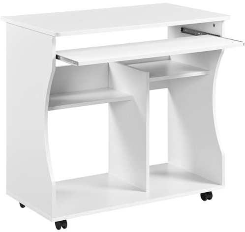 Yaheetech Scrivania per PC Tavolo da Studio Scrittoio Compatto Mobile Porta PC con Tastiera Estraibile Studio Mobiletto Ufficio Potra PC con 4 Ruote Bianca