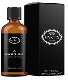 Mystix London | Bug Repellent Essential Oil Blend 100ml | Citronella | Eucalyptus | Lemongrass | Rose Geranium | Thyme | Aromatherapy Oil | Citrus Fragrance | for Diffusers & Spray | Vegan, GMO Free