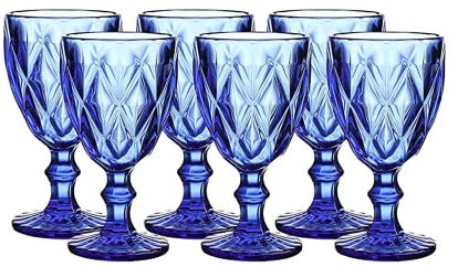 WHOLE HOUSEWARES | Farbiges Trinkgeschirr | 280 ml Wassergläser | 6er Set | Kobaltblaues Diamant-Muster