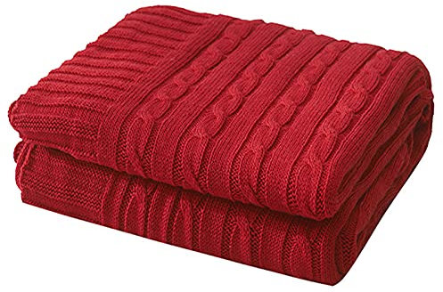Zoomlie Große 100% Baumwolle blau gestrickte Überwurfdecke 180 x 200 cm warm waschbar langlebig Couch Überwurf für Sofa Sofa Bett weiche Decken für Doppelbett (rot, 180 x 200 cm)