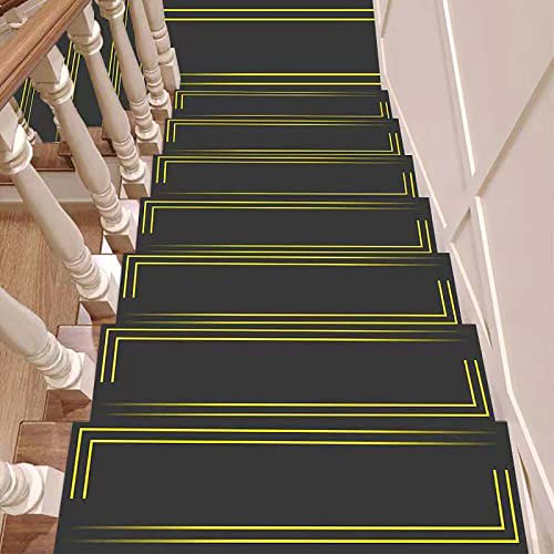 JSSEVN Stufenmatte, kreatives Muster, Treppenläufer, dreilagiger Schutz, rutschfester Teppich, Innendekorationen, selbstklebende Treppenmatten (Schwarz, Gold, 15 Stück, 21,8 x 54,9 cm)