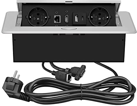 JACEPFY Tischsteckdose Versenkbar mit HDMI, LAN, PD20W USB-C, Silber | 4K HDMI, USB-A und Type-C Schnelllade, RJ45, Tischeinbau Steckdose, für Schreibtisch Büro Konferenzraum