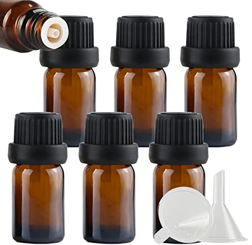 ZEOABSY 6 Stück Leer 5ml Braunglas Flasche mit Tropfmontur Originalitätsverschluss, Tropfflasche Braun mit Schwarz Schraubverschluss Glasflaschen für Ätherisches Öle Essenzen Aromatherapie