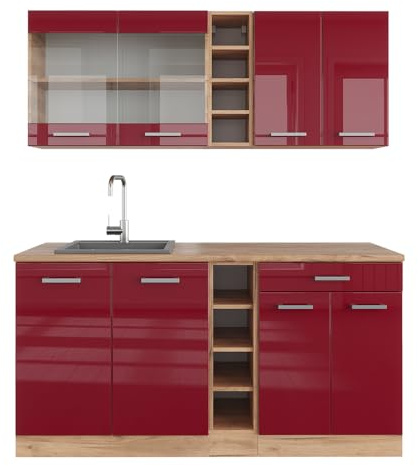 Vicco Singleküche R-Line, Rot Hochglanz/Goldkraft Eiche, 160 cm | 6 Module · Höhenverstellbare Füße · Ohne Arbeitsplatte · Robuste Fronten · Mit offenen Regalen · Frei kombinierbar