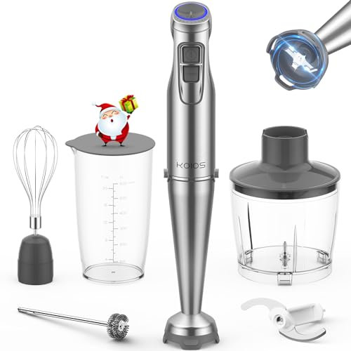 KOIOS 1100W Immersion Hand Blender, Stainless Steel Stick Blender with 12-Speed & Turbo Mode, 5-in-1 Handheld Blender with 600 ml Mixing Beaker with Lid, 500 ml Chopper, Whisk, Milk Frother, BPA-Free
