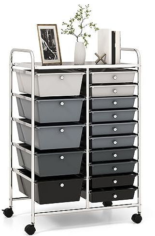 GOPLUS Rollwagen mit 15 stapelbaren Schubladen, Schubladenwagen Farbewahl, Beistellwagen Haushaltswagen Rollcontainer Badrollwagen Badtrolley Badregal (Grau)