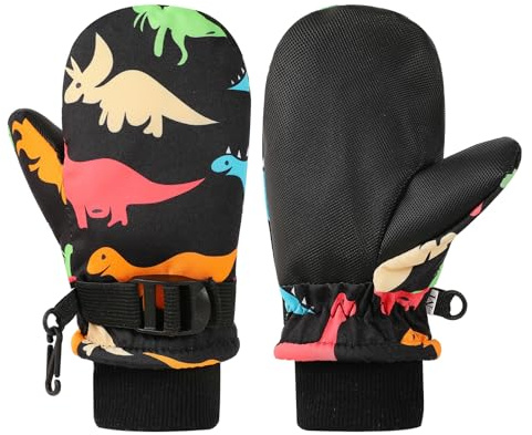 QKURT Ski Gloves for Kids, Waterproof Winter Snow Gloves Children Ski Mitten Dinosaur Pattern for 2-8 Years Old Boys and Girls