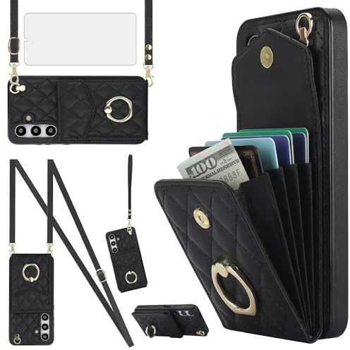 Asuwish Phone Case for Samsung Galaxy S24 Plus S24+ 5G Wallet Cover with Tempered Glass Screen Protector and Wrist Strap Ring RFID Blocking Card Holder Cell S24plus 24S + S 24 24+ Women Girls Black