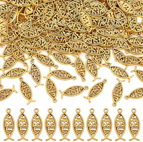 PH PandaHall 160 Stück Fischanhänger Antike Goldene Legierung Christliche Fisch Anhänger Tibetische Botschaft Charms Perlen Für DIY Armbänder Halsketten Schmuckherstellung